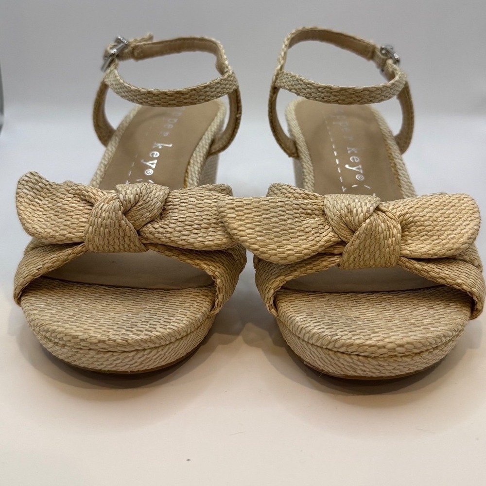 Copper Key Girls Beige Woven Raffia Wedge Sandals Bow Ankle Strap Size 2 M
